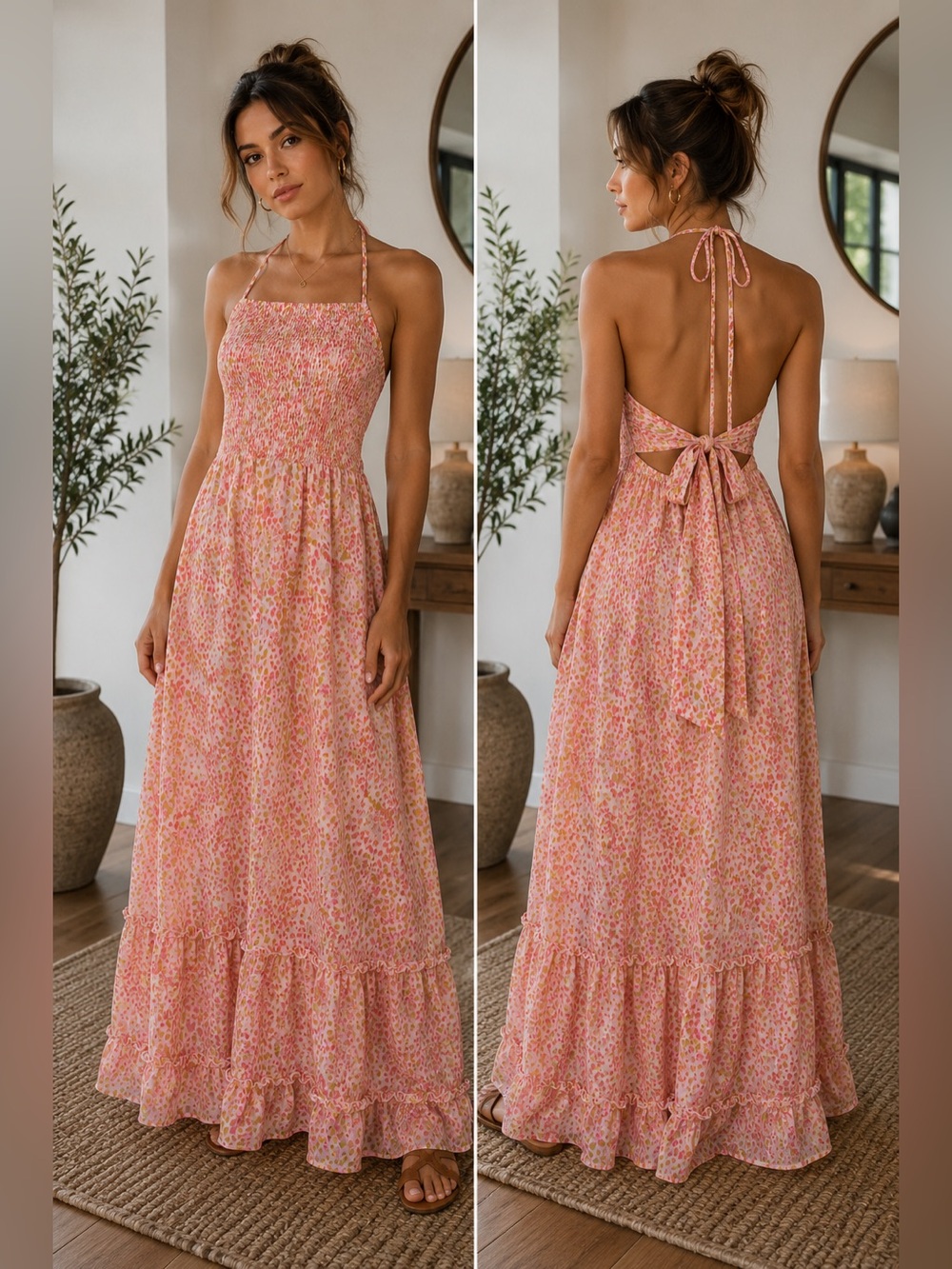 Koko + Mason Floral Halter Maxi Dress Size XL NWOT Open Back Smocked Boho